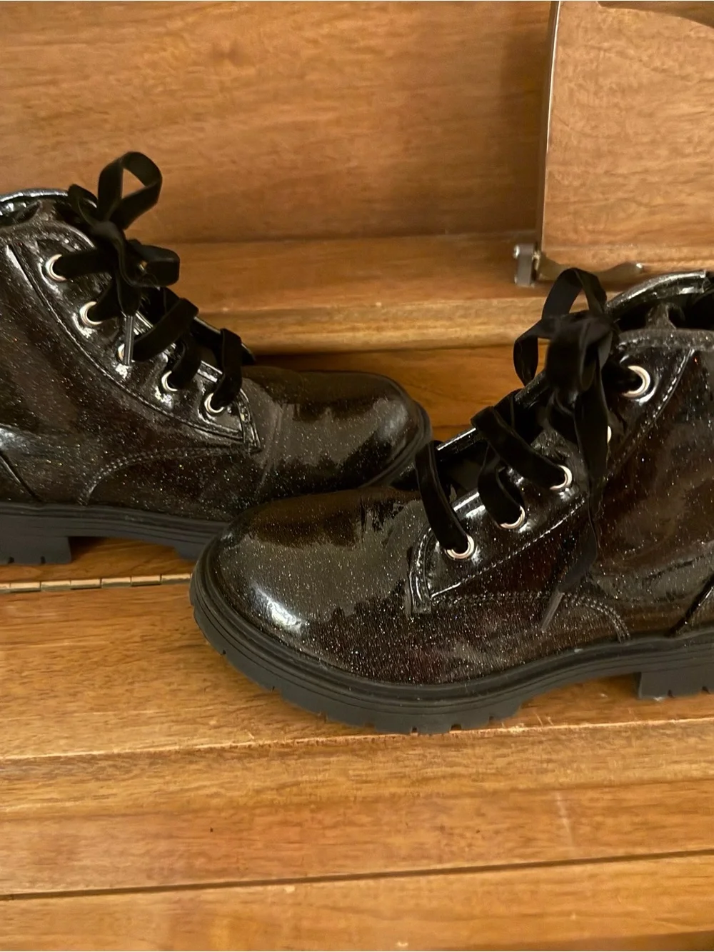 Wonder Nation Girls Black Glitter Combat Boots Lace Up Side Zip Toddler Size 2